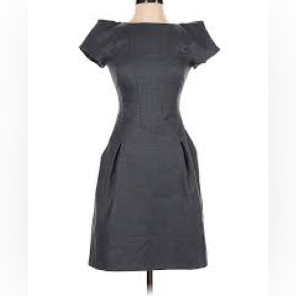 TED BAKER dress grey wool blend V back cap sleeve basque waist  sz 3 or 6-8